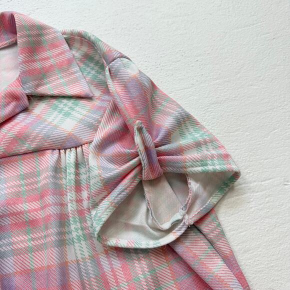 Vintage 70s Land n’ Sea Pastel Plaid Button Up Blouse, Size XL - Picture 6 of 9